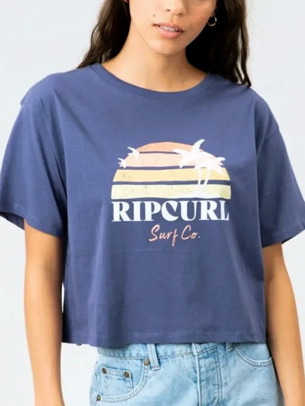 Rip Curl Sayulita Sunrise Oversized Crop Tee Size L Blue Cotton Graphic Beach